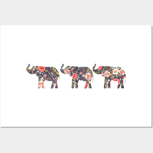 3 Elephants Navy Floral Posters and Art